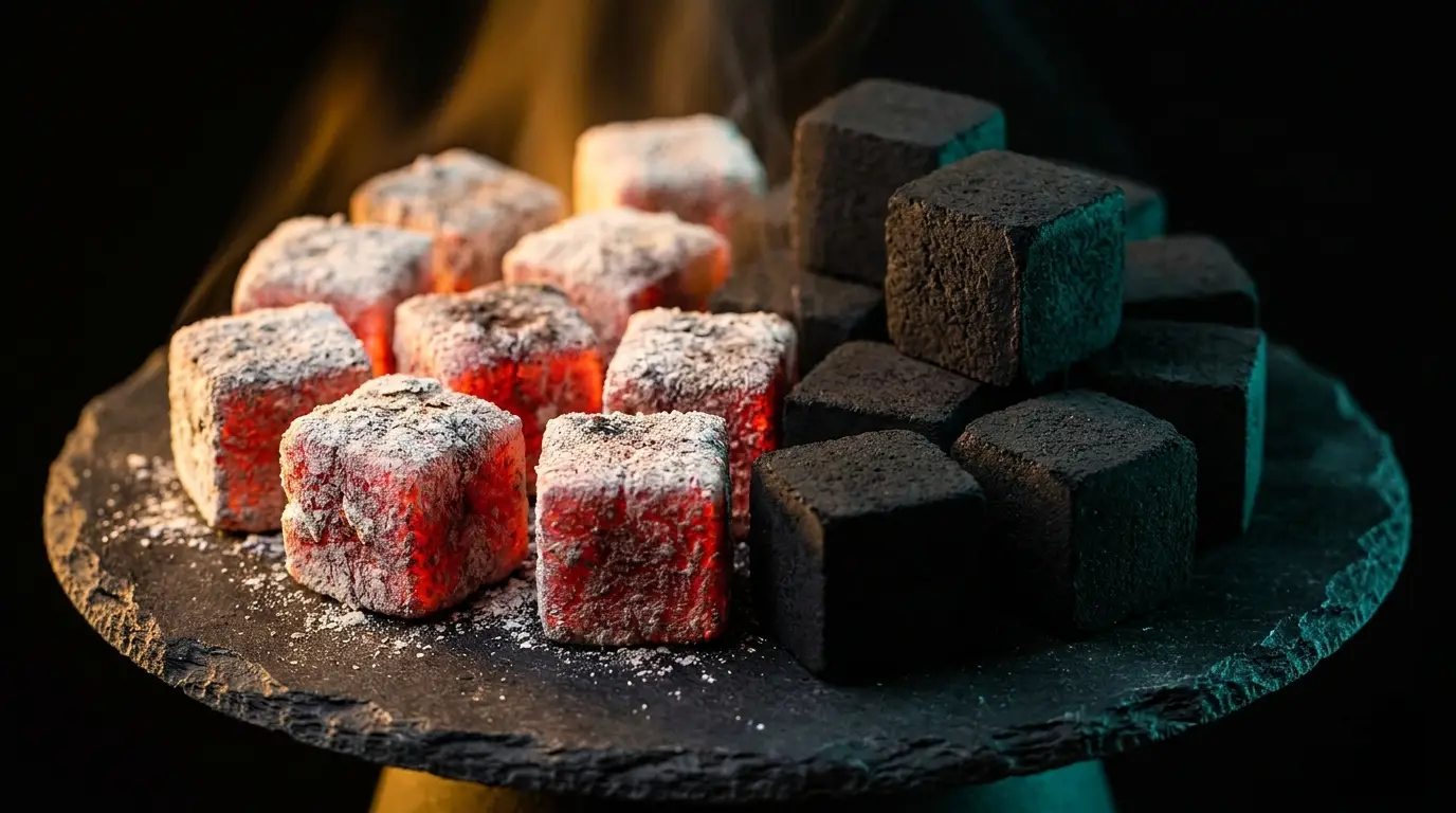 Premium coconut charcoal cubes — raw and glowing red-hot with fine white ash